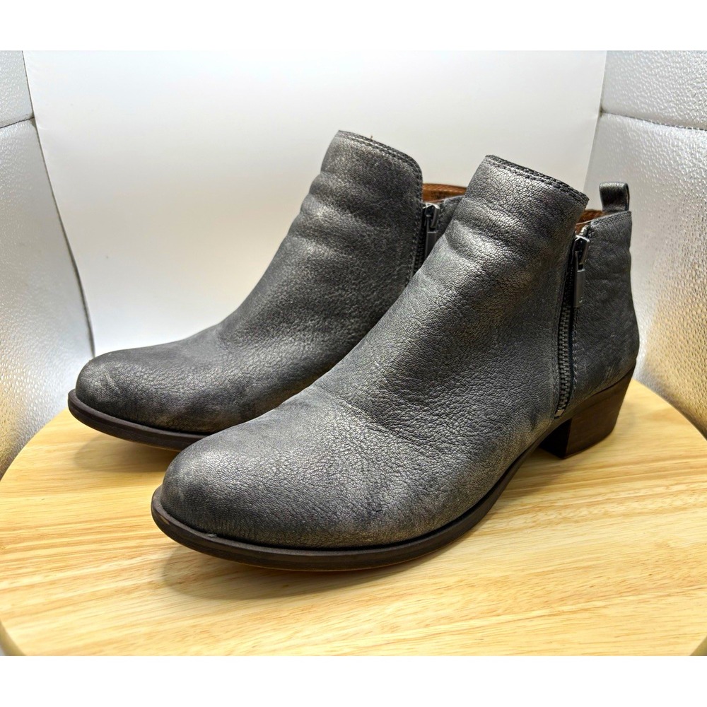 Lucky Brand Basel Gray Distressed Leather Ankle Bootie Side Zip Women 10M